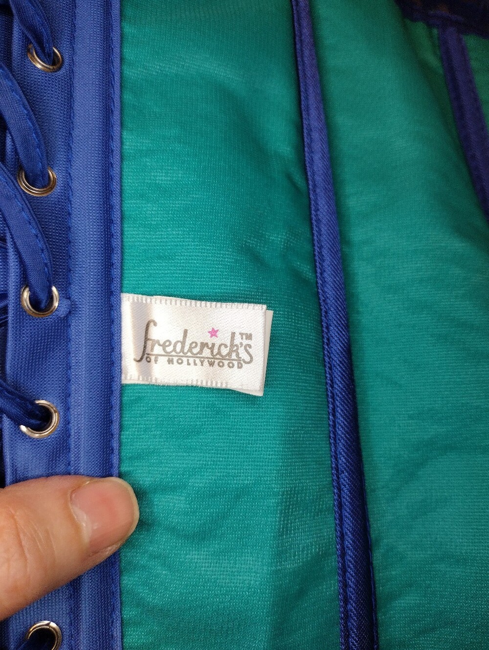 Fredericks Of Hollywood Royal Blue & Teal Lace Trimmed Corset With Garter Straps - Picture 7 of 9